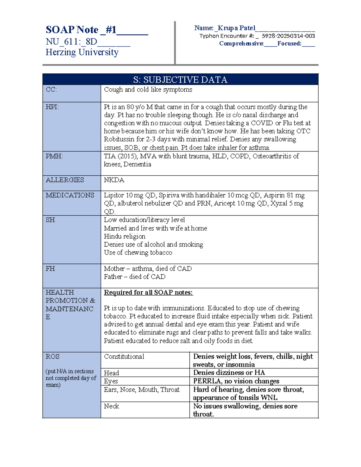 SOAP Note #1 - Adult Patient Encounter at Herzing University - Studocu