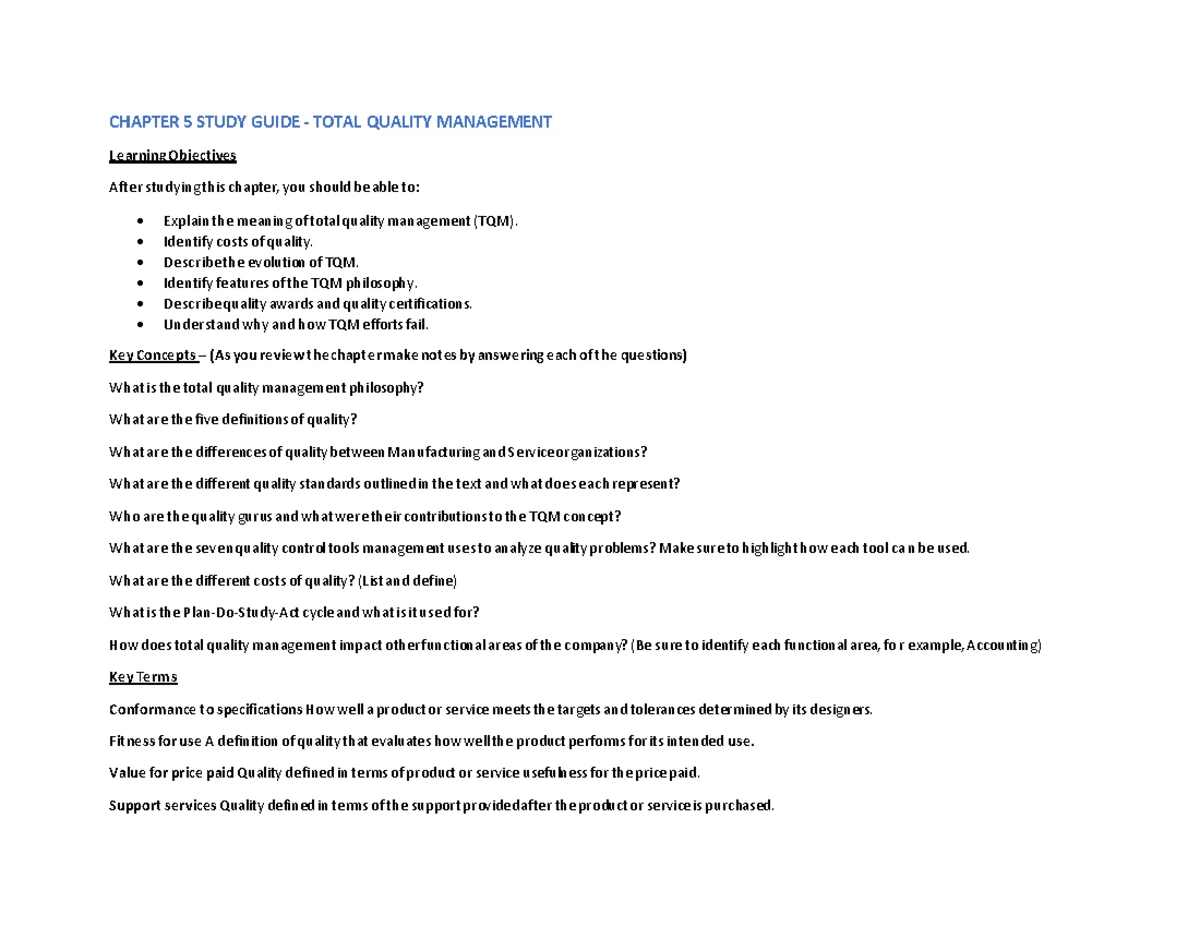 Chapter 5 - Total Quality Management Quiz Notes - Studocu