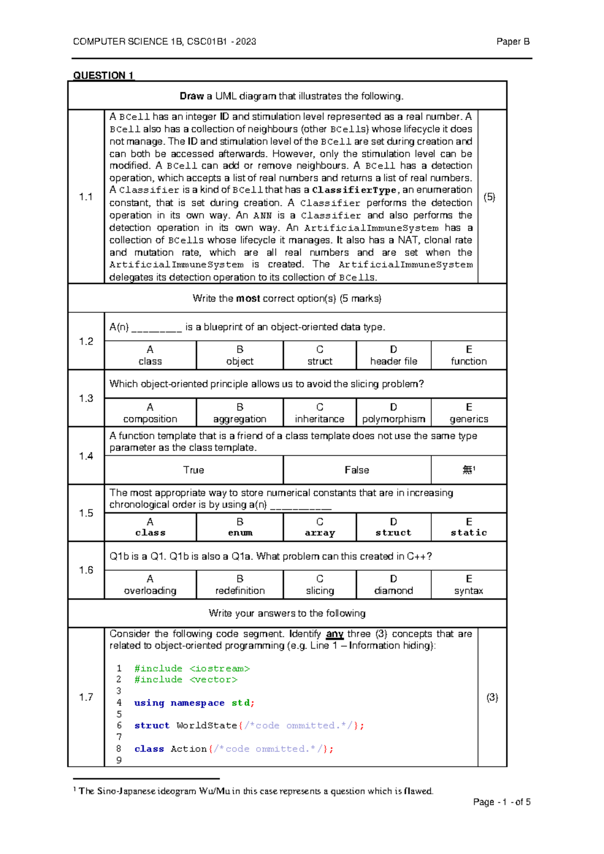 CSC01B1 2023 Paper B: UML Diagrams & Programming Concepts - Studocu