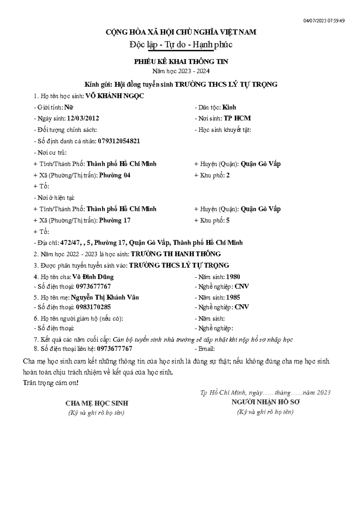 Phieu Thong Tin Hoc Sinh - 04/07/2023 07:59: CỘNG HÒA XÃ HỘI CHỦ NGHĨA ...