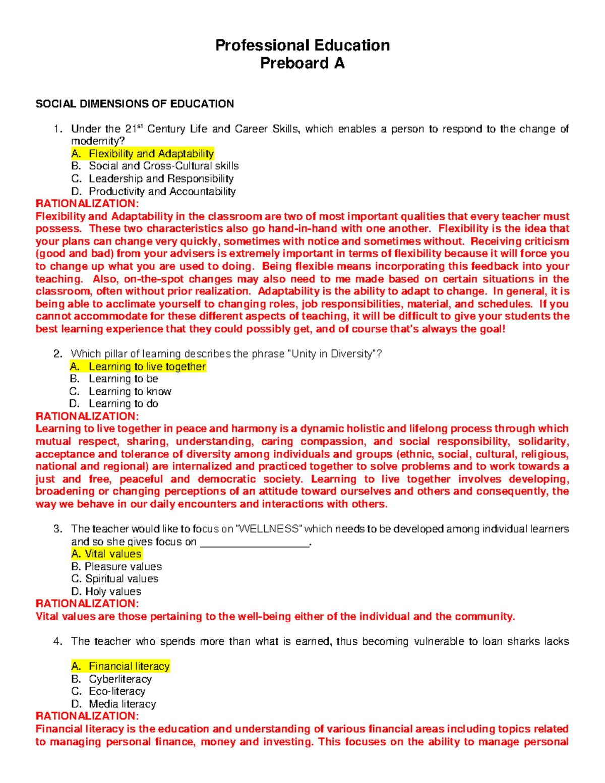 Final Exam Questions for Prof Ed: Rationalizations & Insights - Studocu