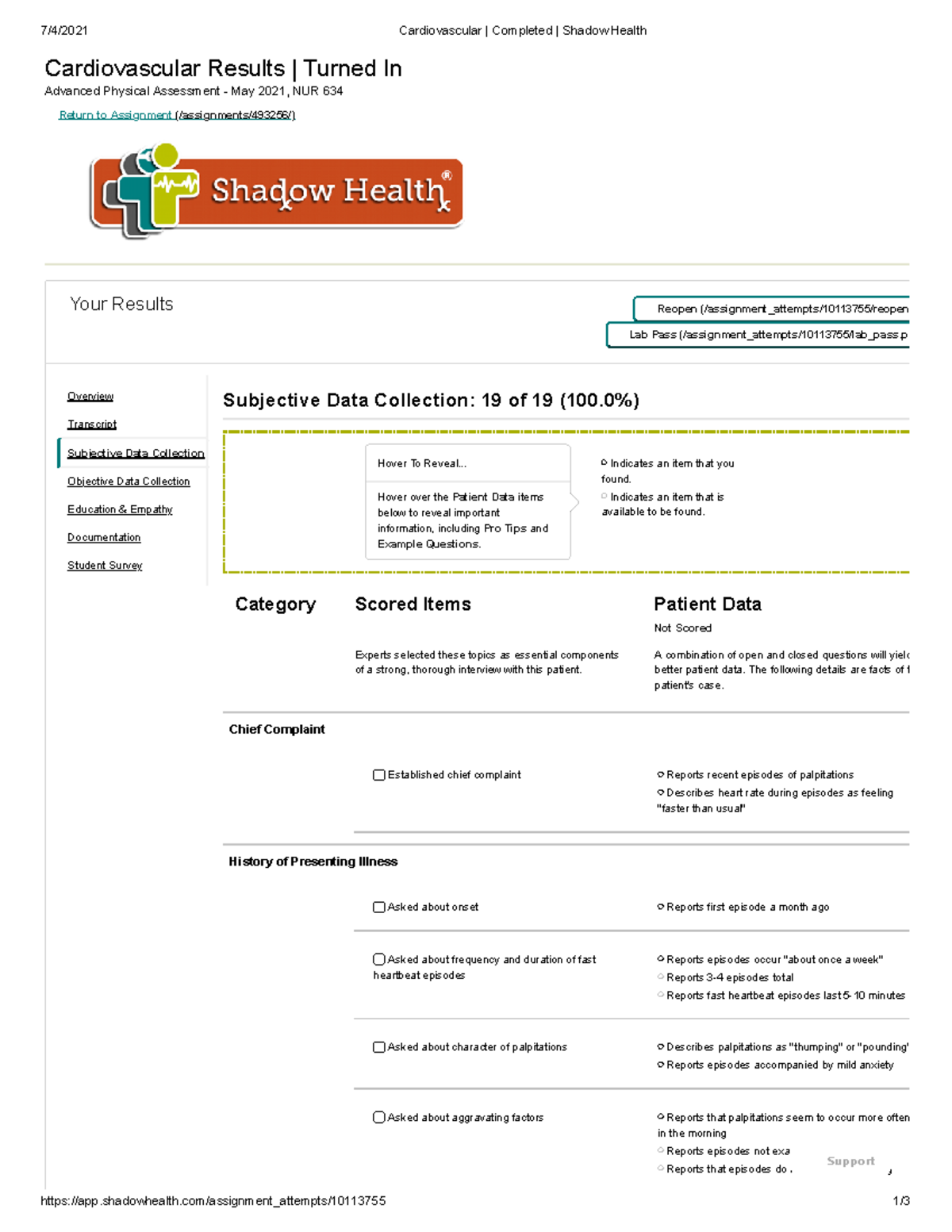 NUR 634 Cardiovascular Assessment Results | Shadow Health Completed ...