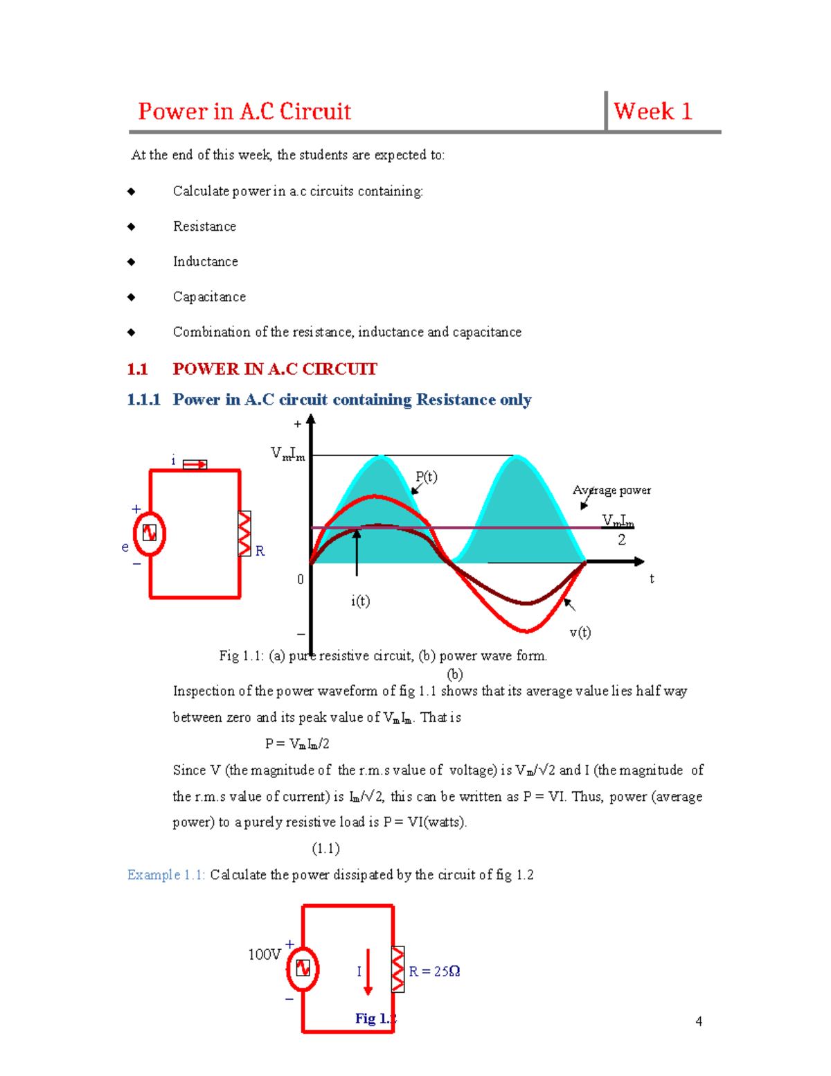 EEC-249: Power Calculations in A.C. Circuits - Week 1 & 3 Notes - Studocu