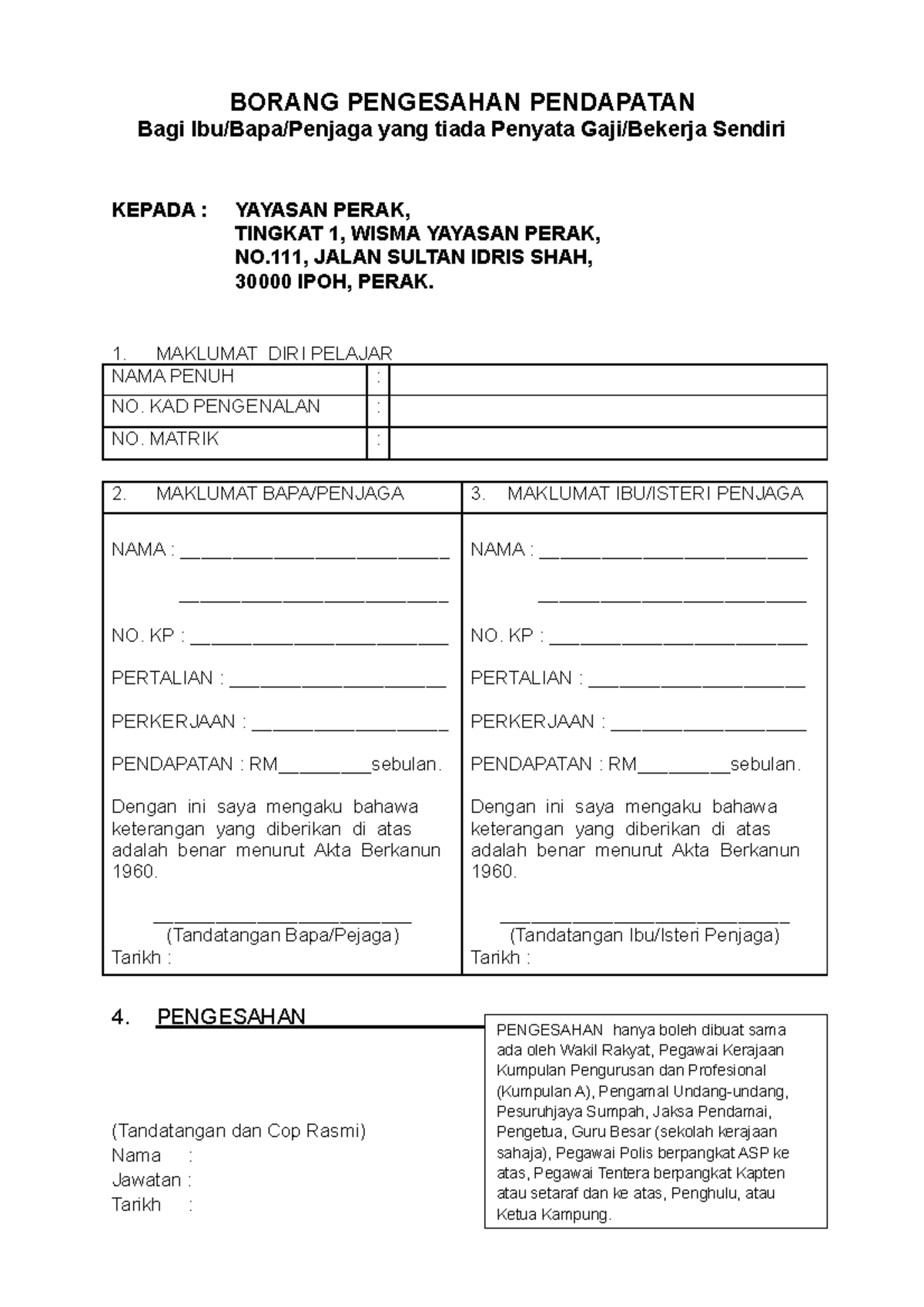 Borang Pengesahan Pendapatan untuk Pelajar Tanpa Penyata Gaji - Document Preview
