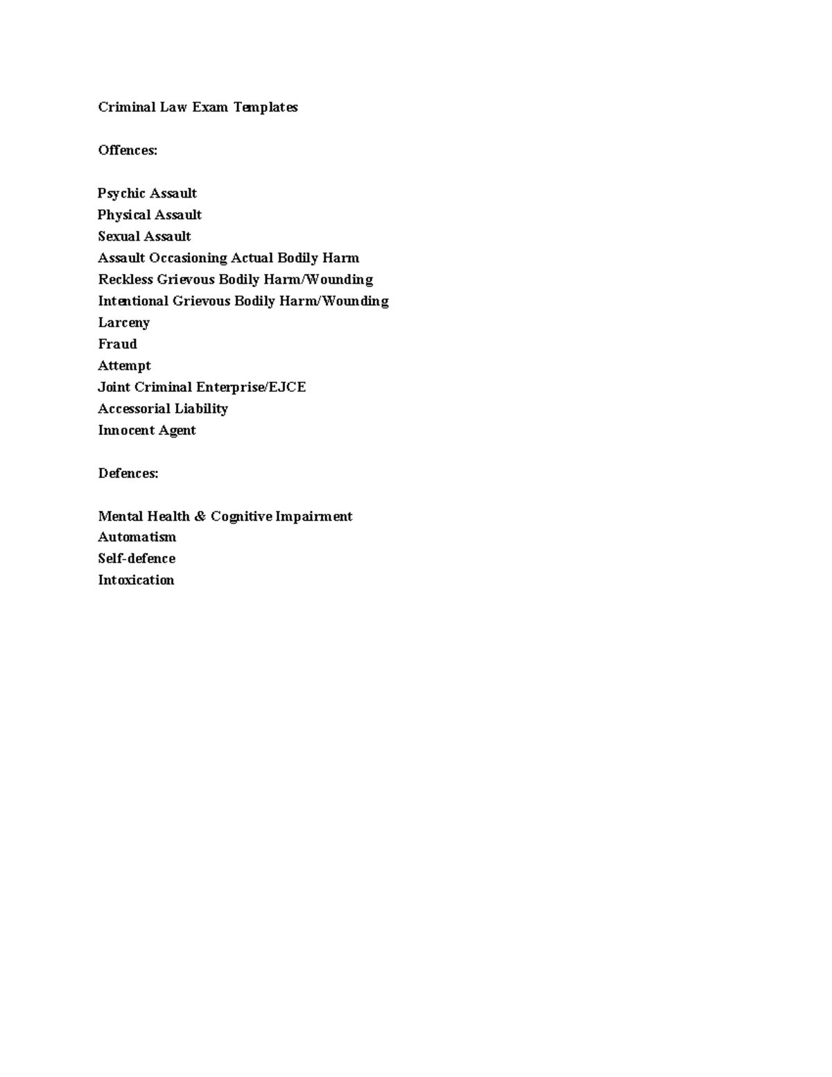 Criminal Law 101 - Exam Templates for Assault and Property Offences ...