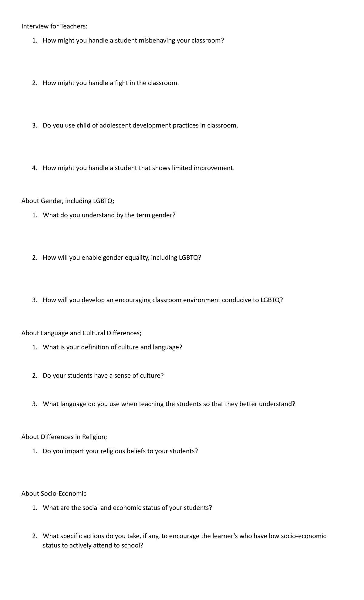 FS-1 - Field Study - Interview for Teachers: 1. How might you handle a ...