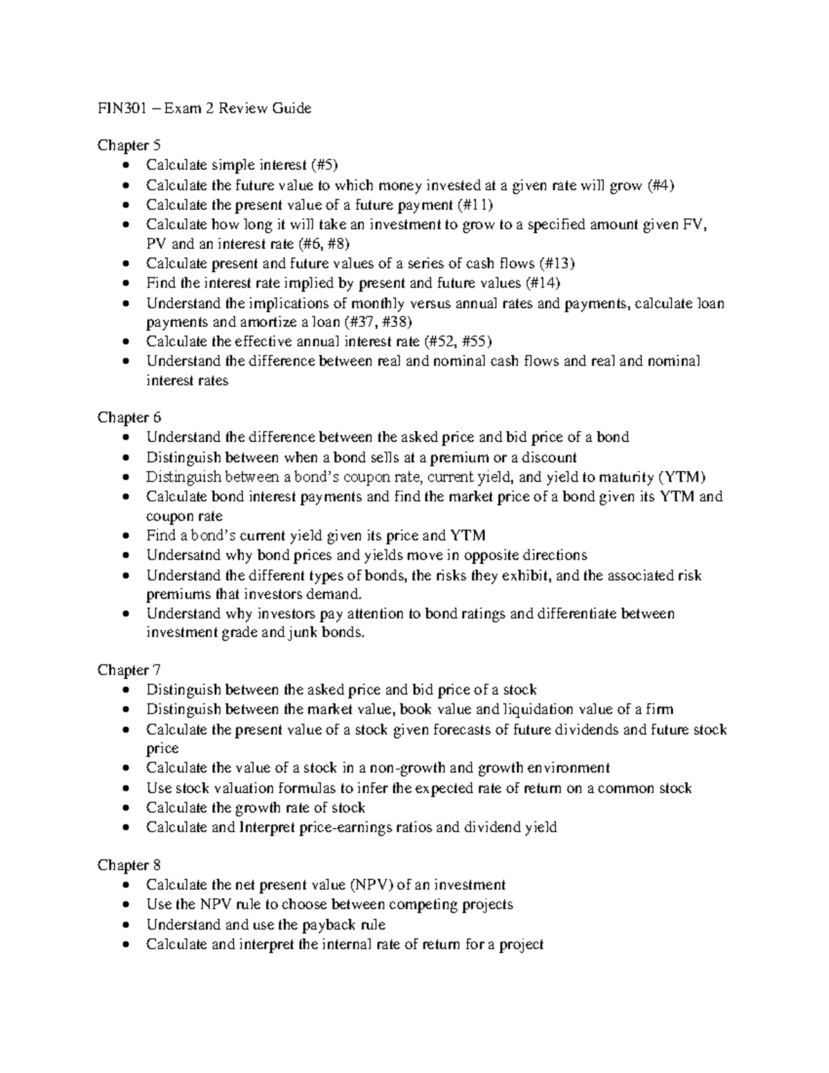 FIN301 – Exam 2 Review Guide: Key Topics and Concepts - FIN301 – Exam 2 ...
