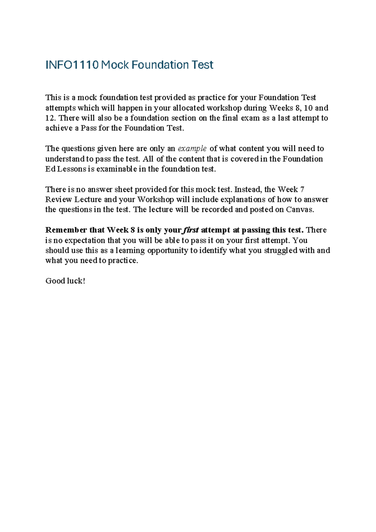 Mock Foundation Test - Practice Questions for Weeks 8, 10, 12 - Studocu