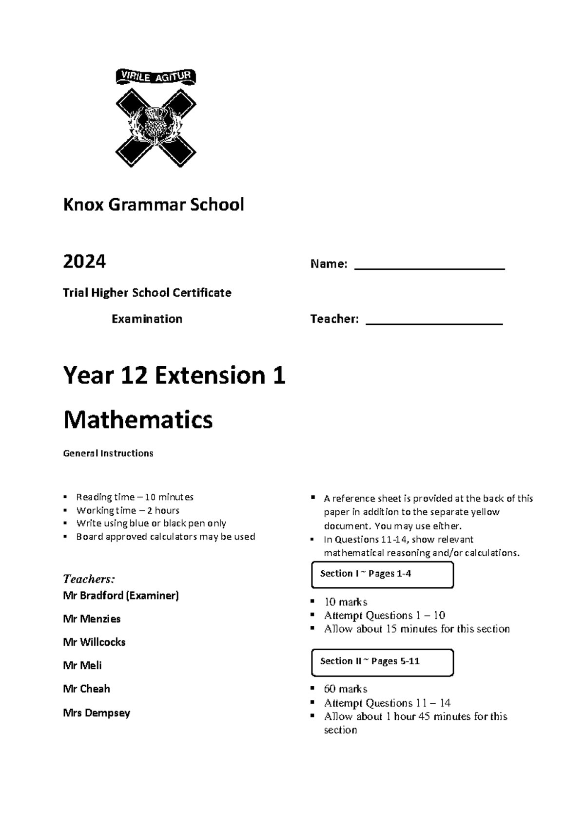 2024 Knox Grammar Extension 1 Mathematics Trial HSC Exam - Studocu