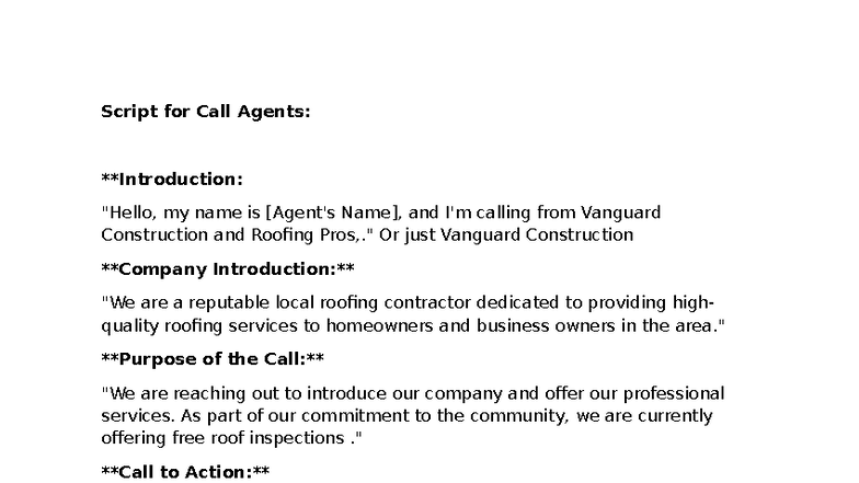 Roofing Call Script: Professional Service Introduction Guide - Studocu