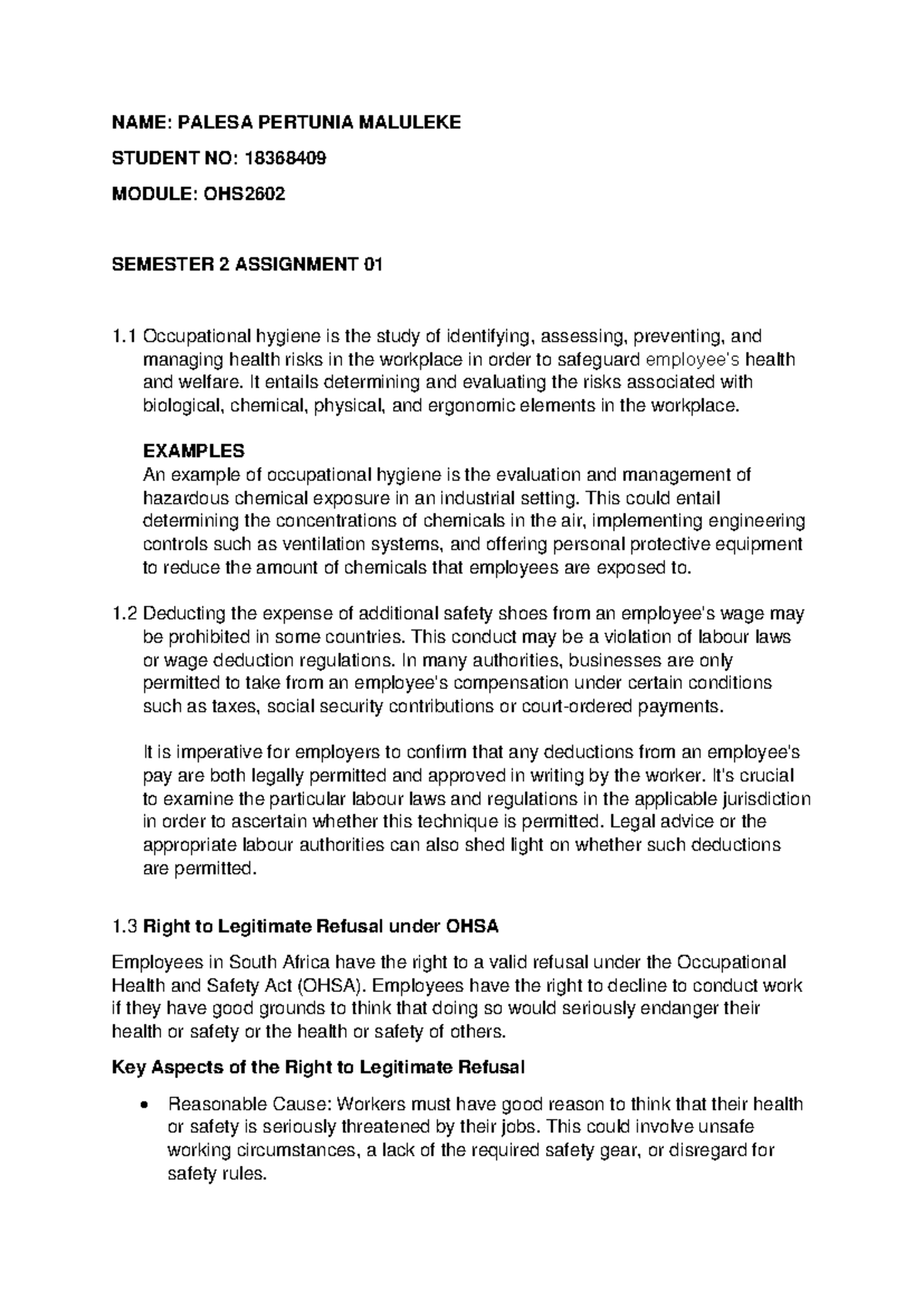 Assignment 1 Notes for OHS2602: Occupational Hygiene & Safety Issues ...