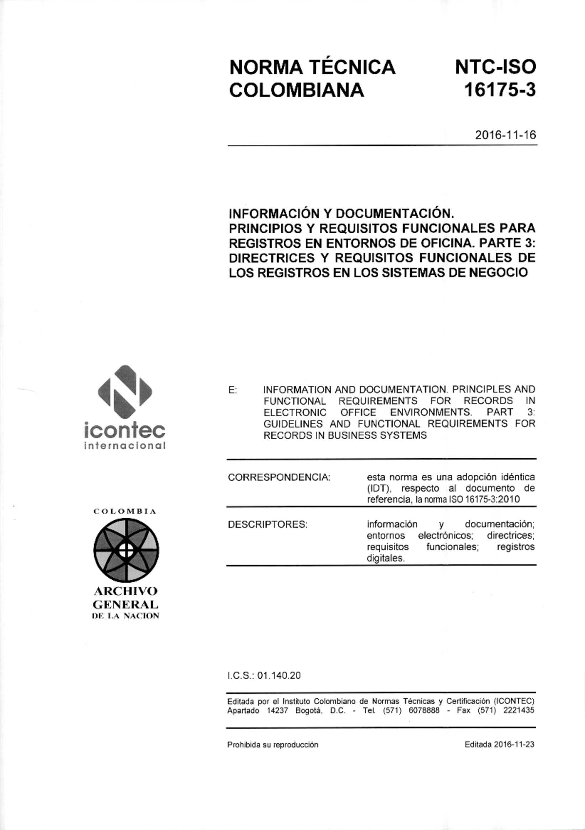 NTC-ISO 16175-3: Principios y Requisitos Funcionales para Registros en Sistemas - Document Preview