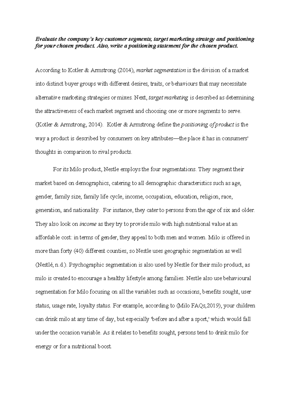 MILO - Market Segmentation & Positioning Analysis for Nestle's Milo ...