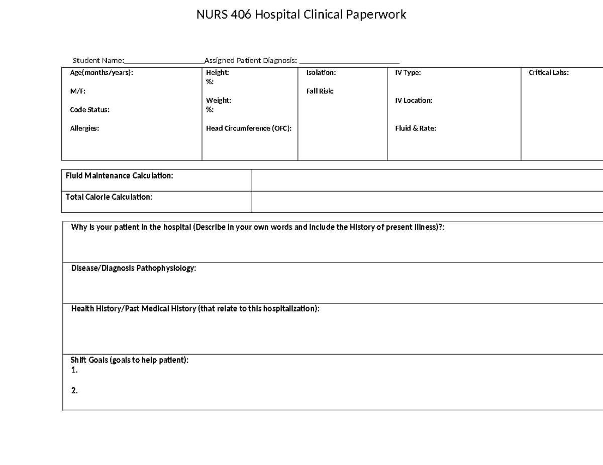 Hospital Clinical Paperwork. 25 - Student Name: Assigned Patient ...
