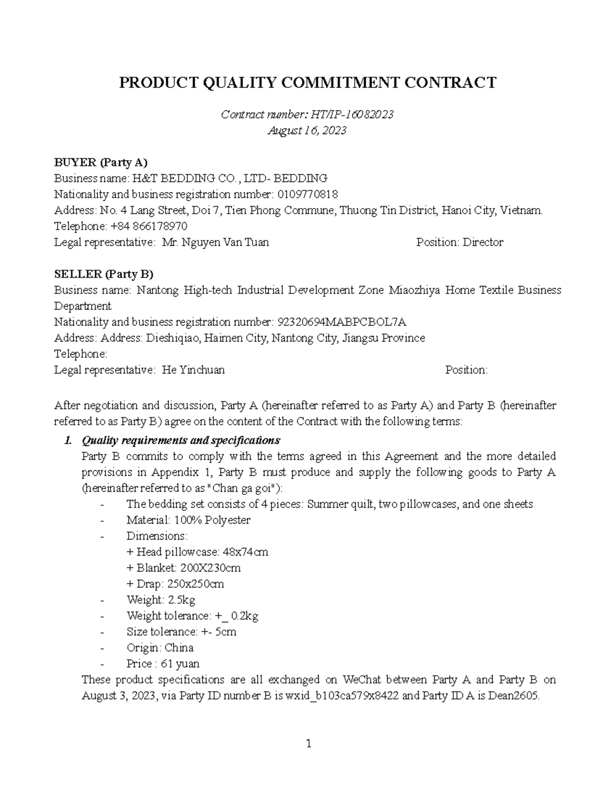 Product Quality Commitment Contract - PRODUCT QUALITY COMMITMENT ...