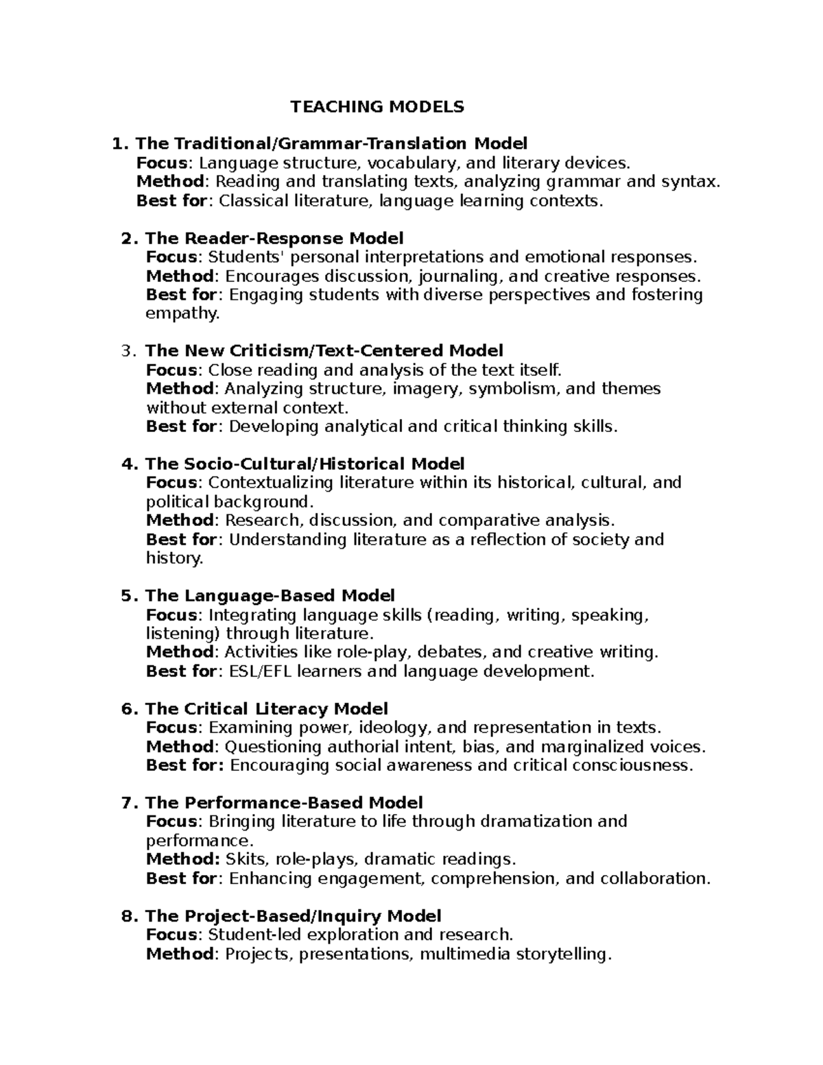 Teaching Models: Strategies for Engaging Literature Learning - Studocu