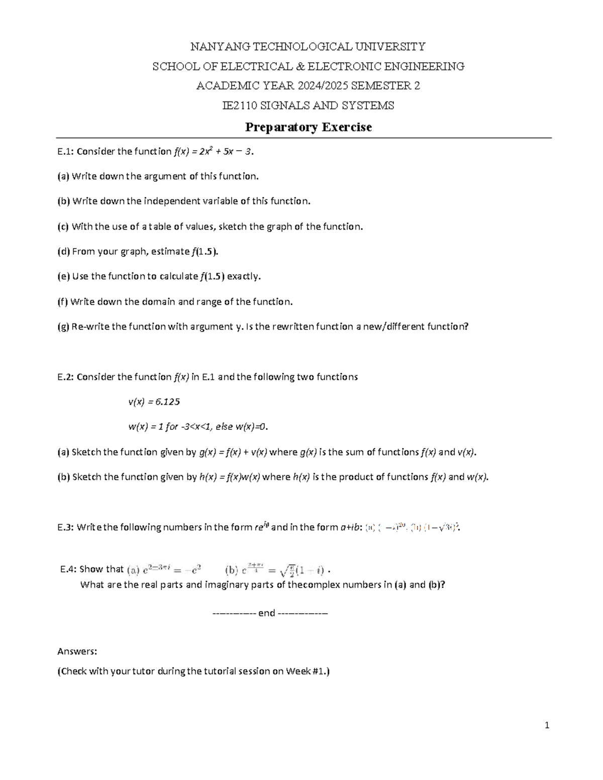 IE2110 Signals and Systems: Preparatory Exercise for Students - Studocu