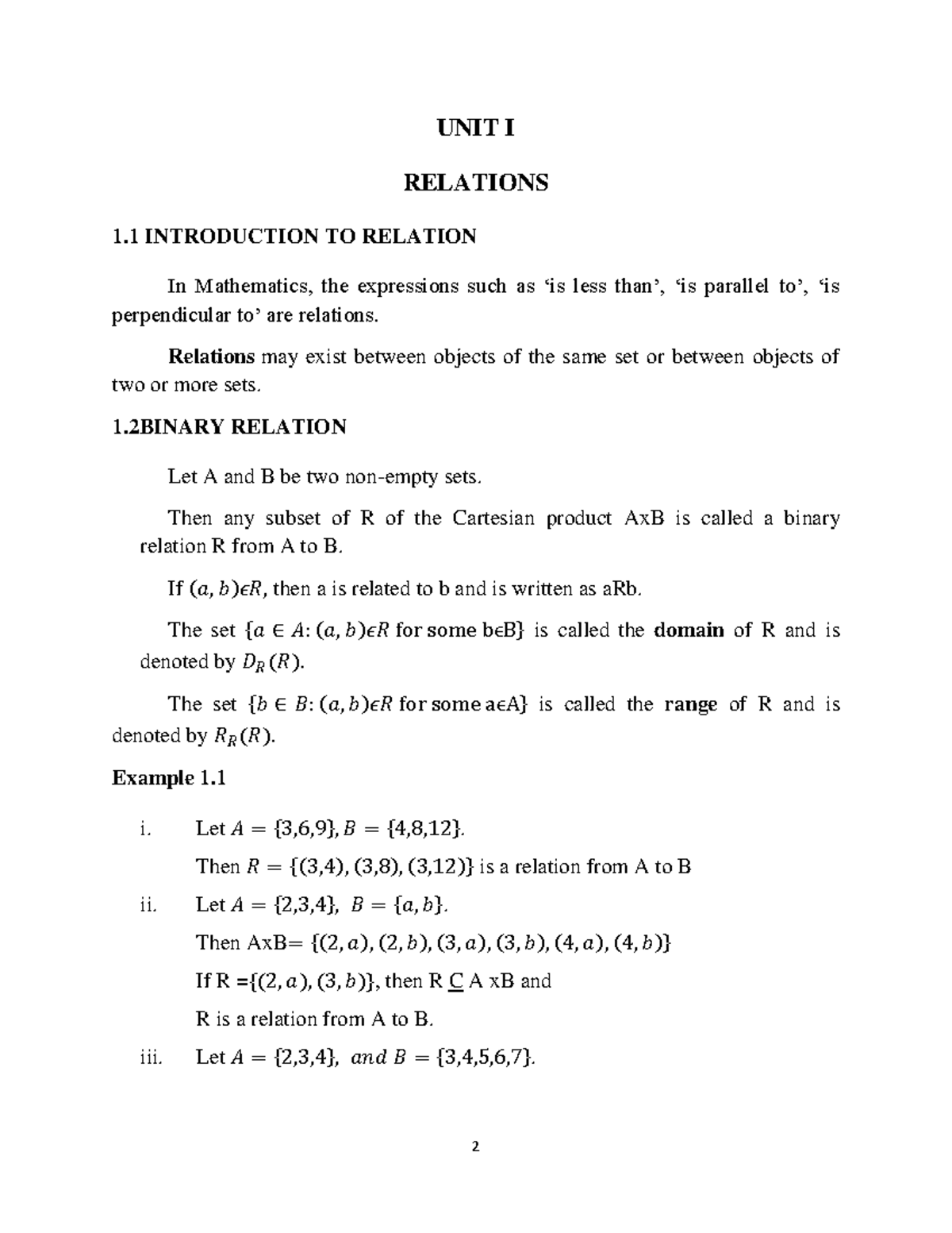 UNIT I: Introduction to Relations in Mathematics (MATH101) - Studocu