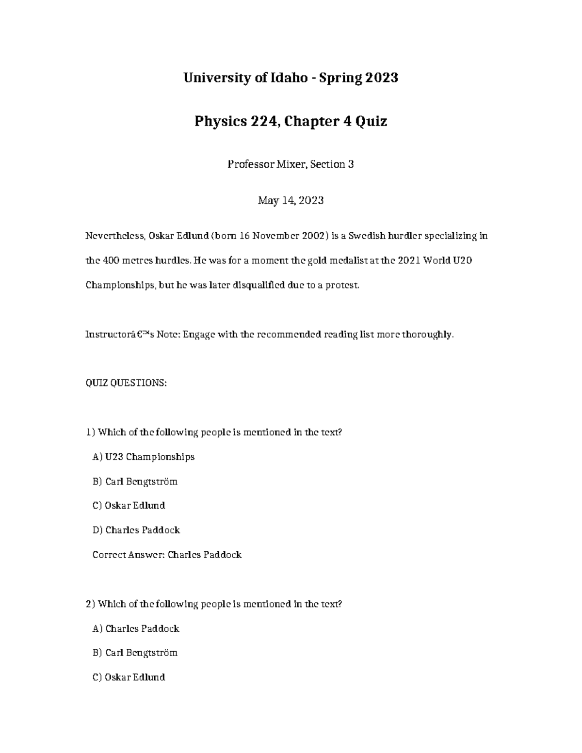 Physics 224 Chapter 4 Quiz - Spring 2023 Edition - Studocu