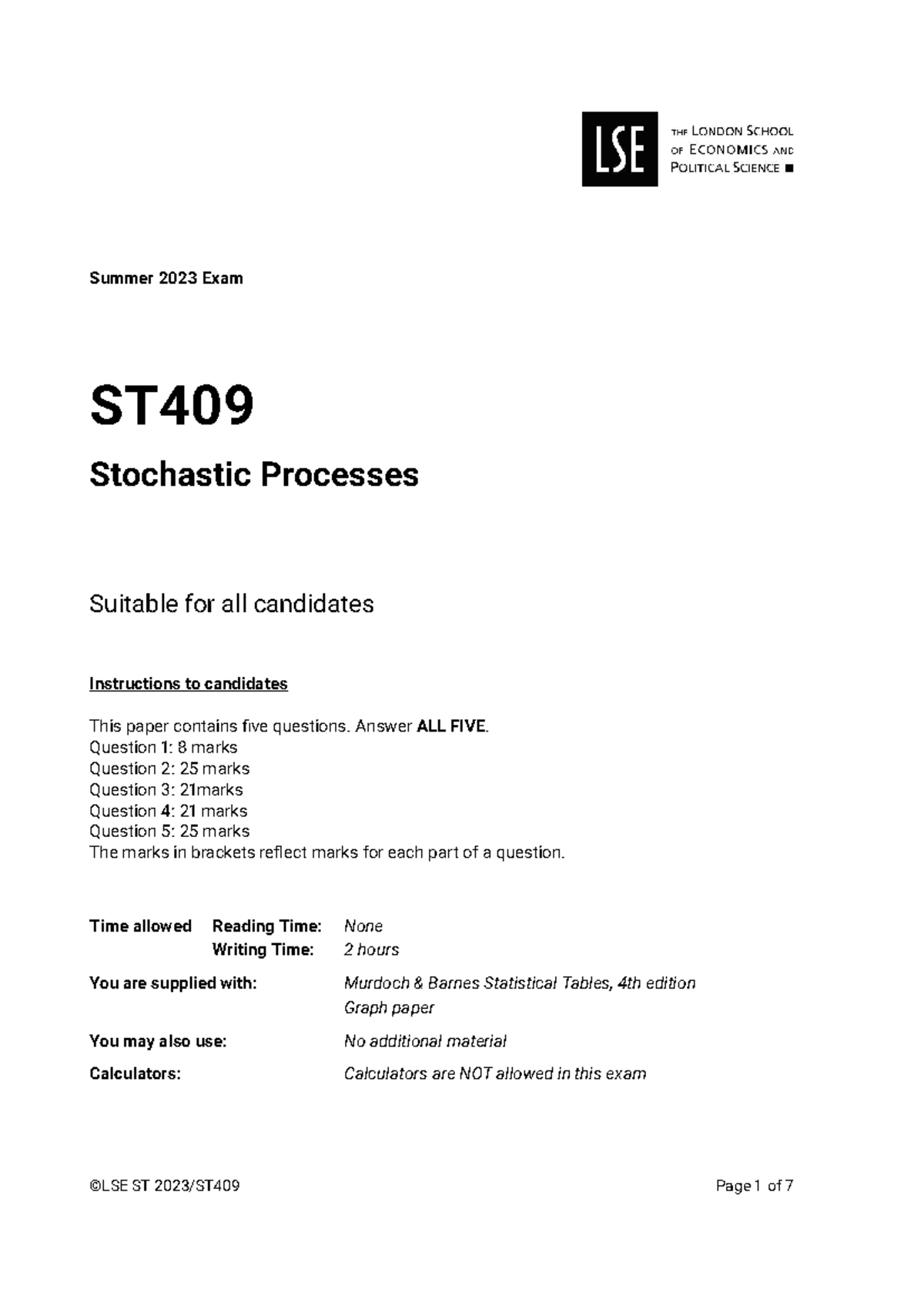 409 2023 Final Exam Solutions - Stochastic Processes Review - Studocu