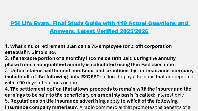 PSI Life Exam, Final Study Guide with 119 Verified Q&A - Studocu