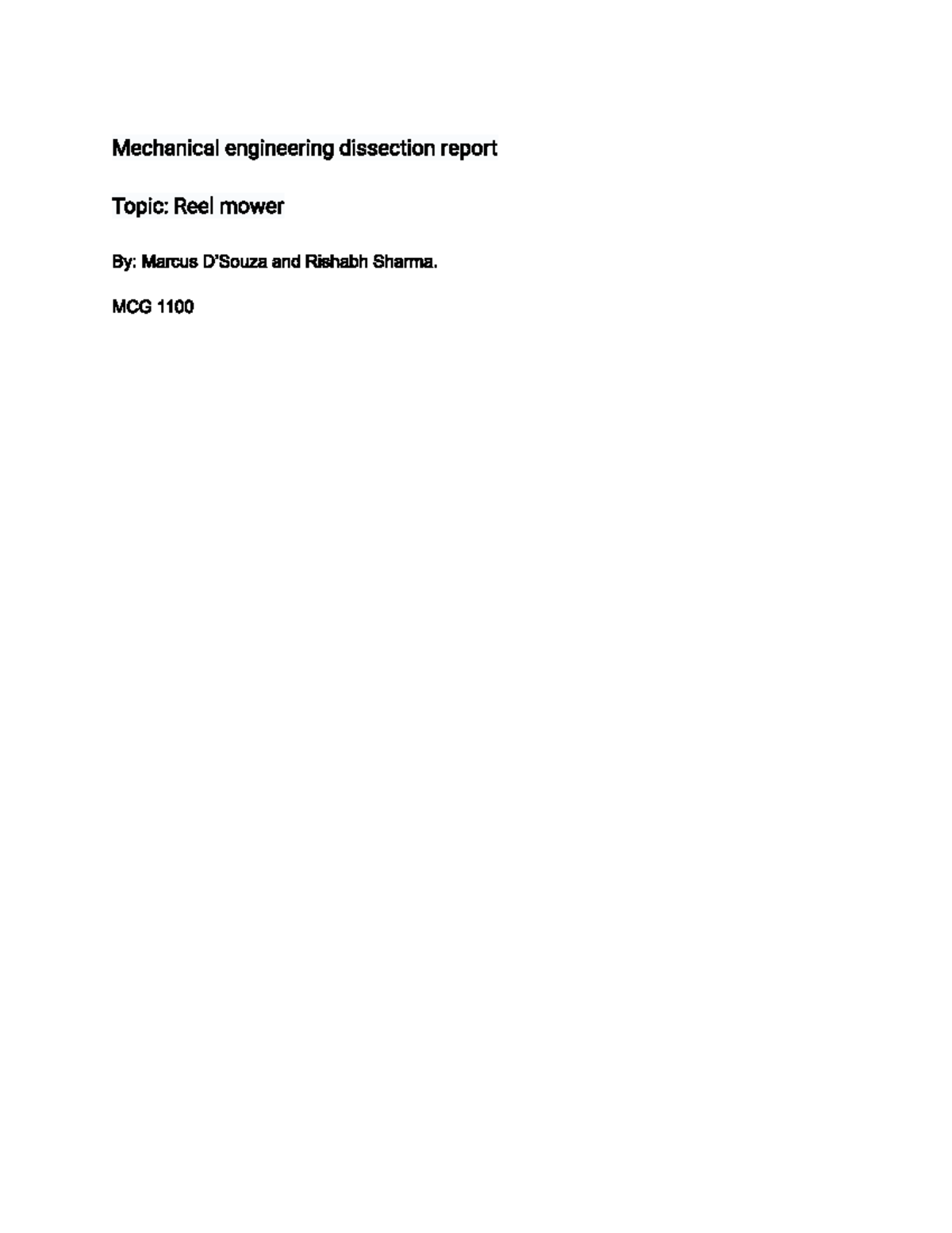 MCG 1100 Mechanical Engineering: Reel Mower Dissection Report - Studocu