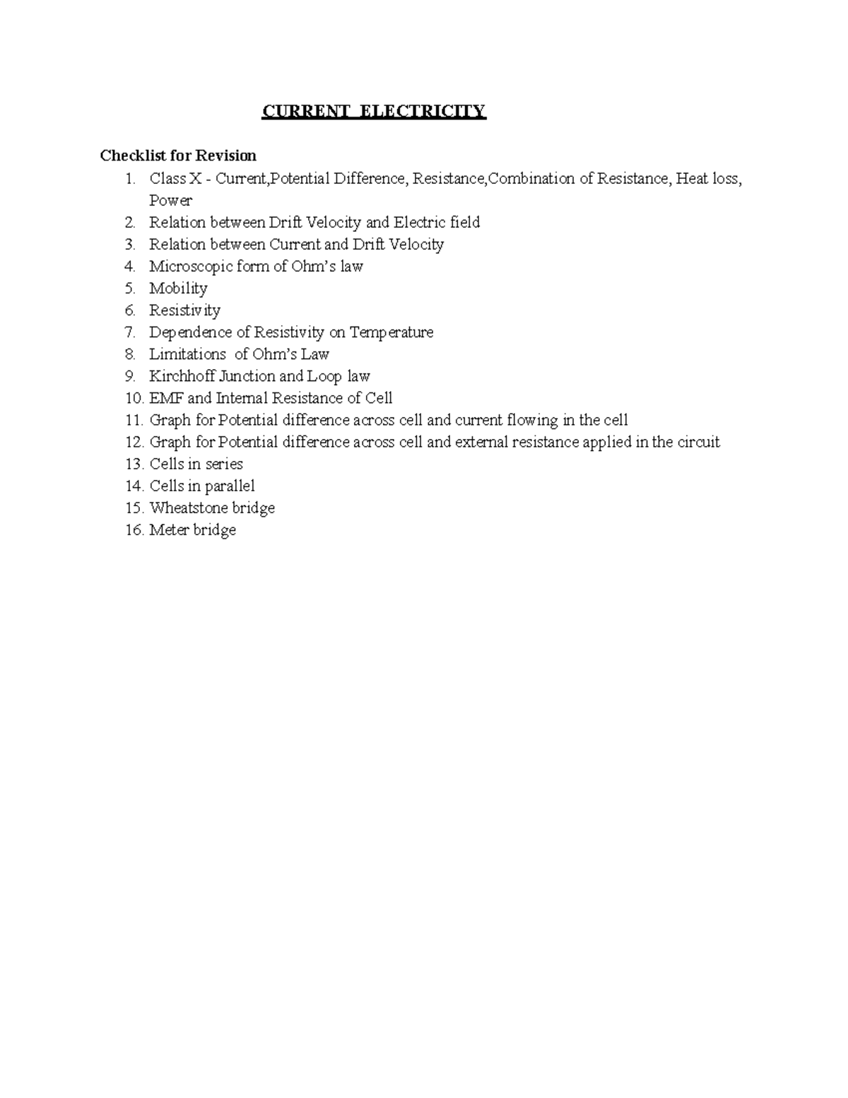Current Electricity Checklist - CURRENT ELECTRICITY Checklist for ...