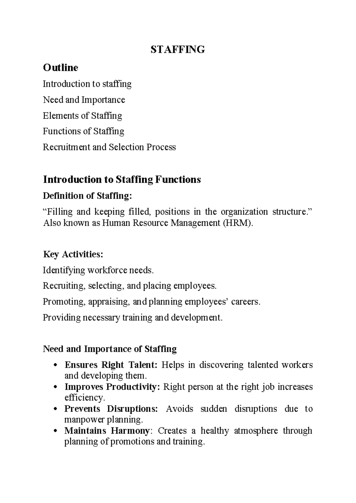 Staffing-3: Comprehensive Practice Notes on HRM Functions - Studocu