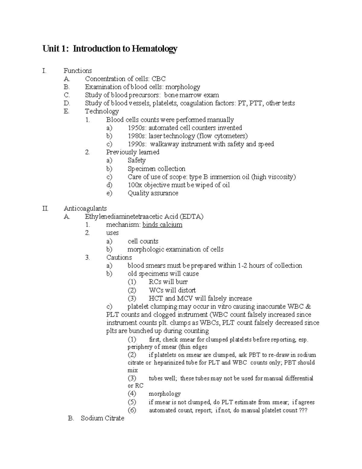 Unit 1 Hematology Notes - Unit 1: Introduction to Hematology I ...