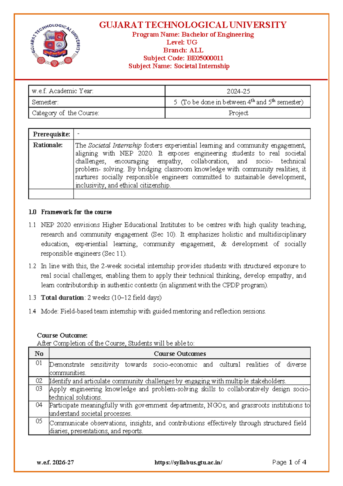 BE05000011 - Societal Internship Syllabus for 5th Semester Engineering ...