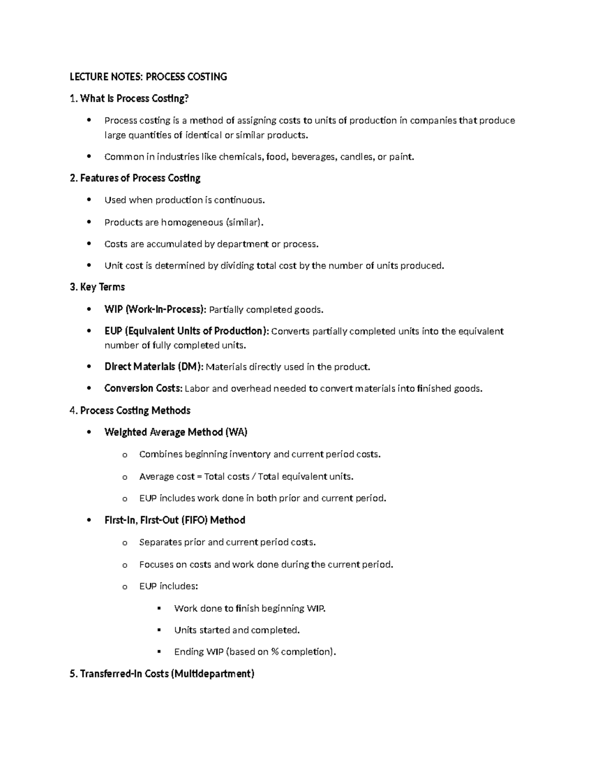 LECTURE NOTES: PROCESS COSTING (XCXX) - Key Concepts & Methods - Studocu
