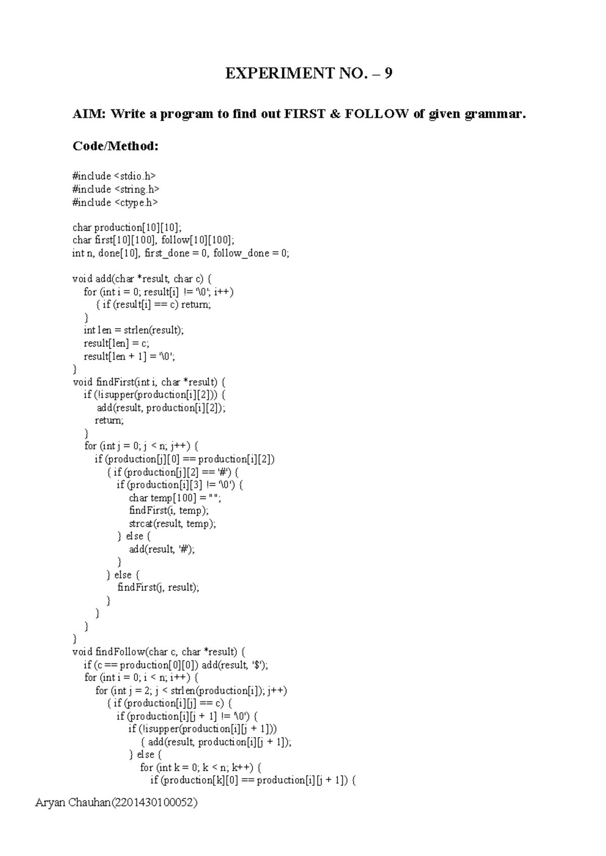 CD 9 Practical: Program to Find FIRST and FOLLOW of Grammar - Studocu