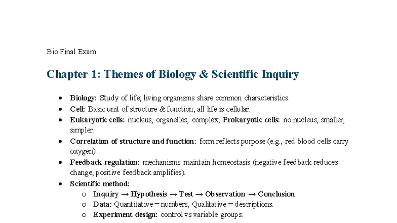 Bio 101 Final Exam Study Guide: Key Concepts & Themes - Studocu