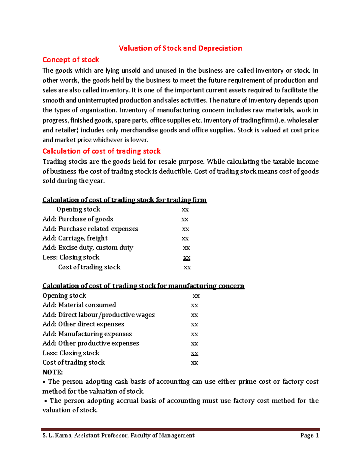 Valuation of Stock and Depreciation Concepts (Course Code: FIN 101 ...