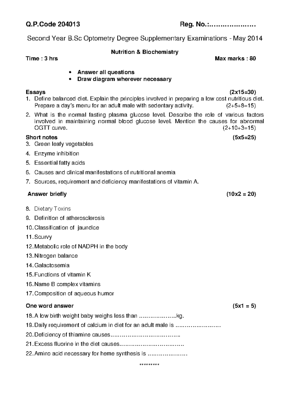 Kuhs second year bsc optometry exam question paper may 2014 nutrition ...