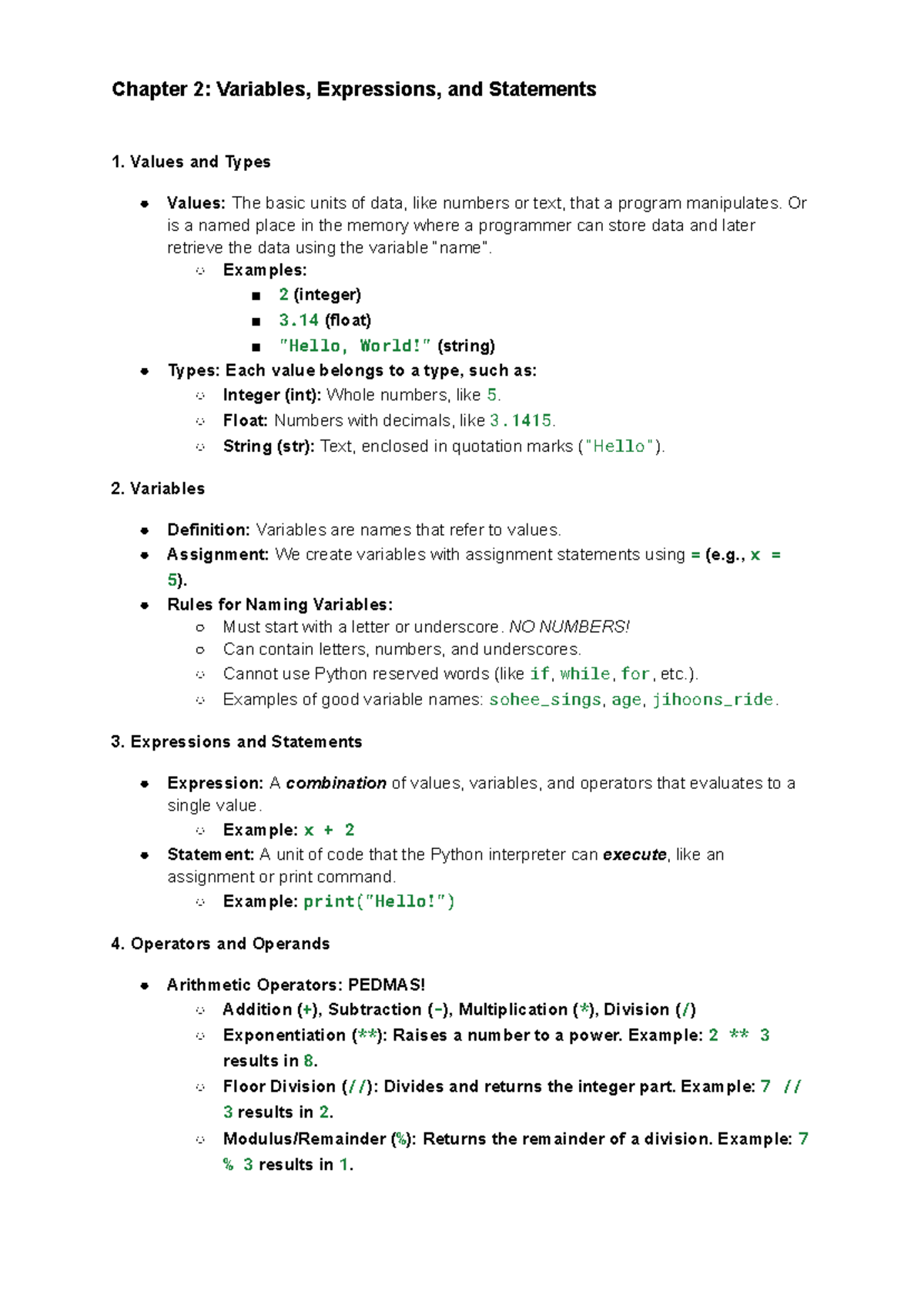 Python Revision - Summarised chapter 2 notes. - Values and Types Values ...