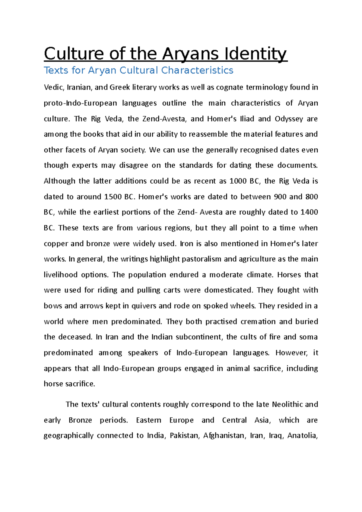 Features Of Aryan Culture