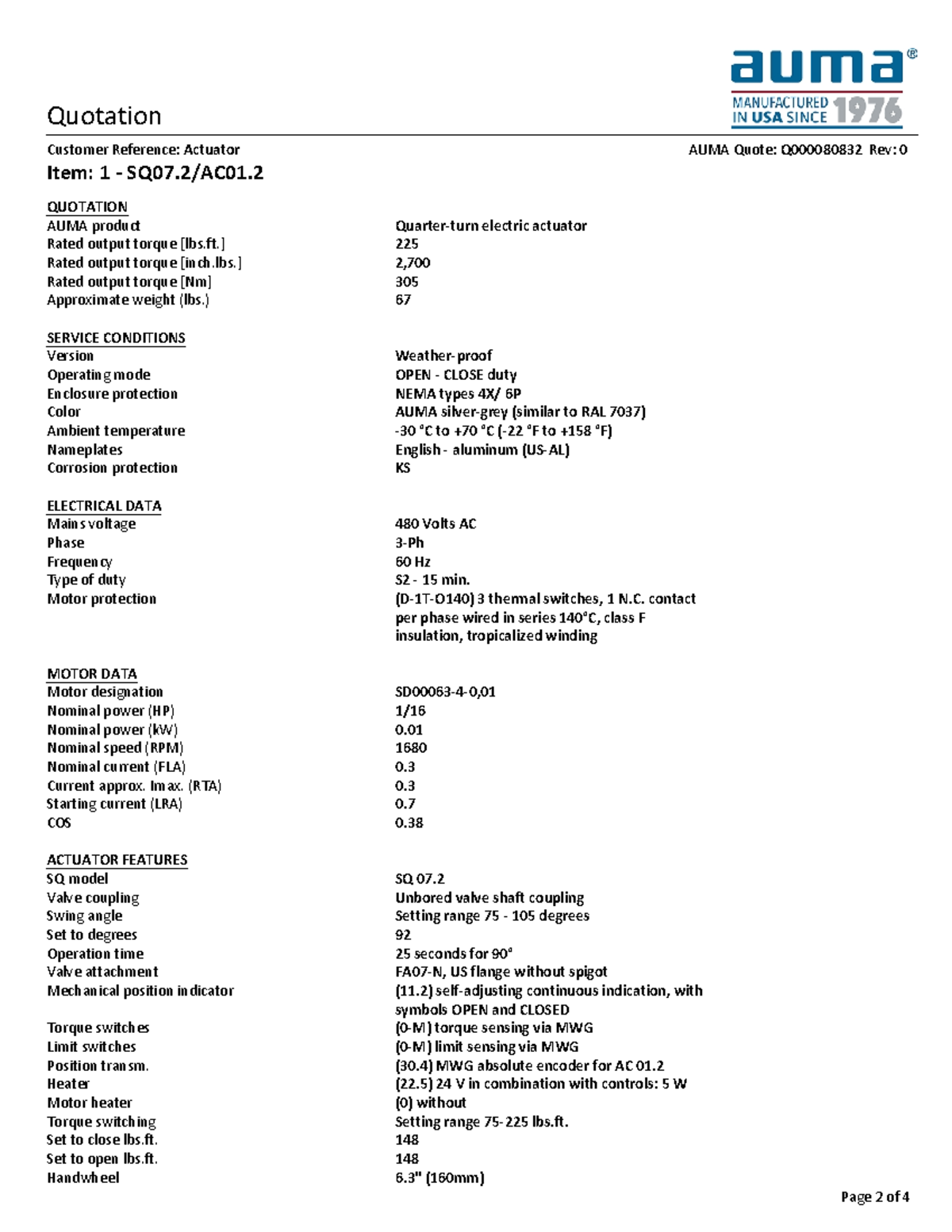 AUMA Actuator Specs: Quotation & Technical Details (Rev: 0) - Studocu