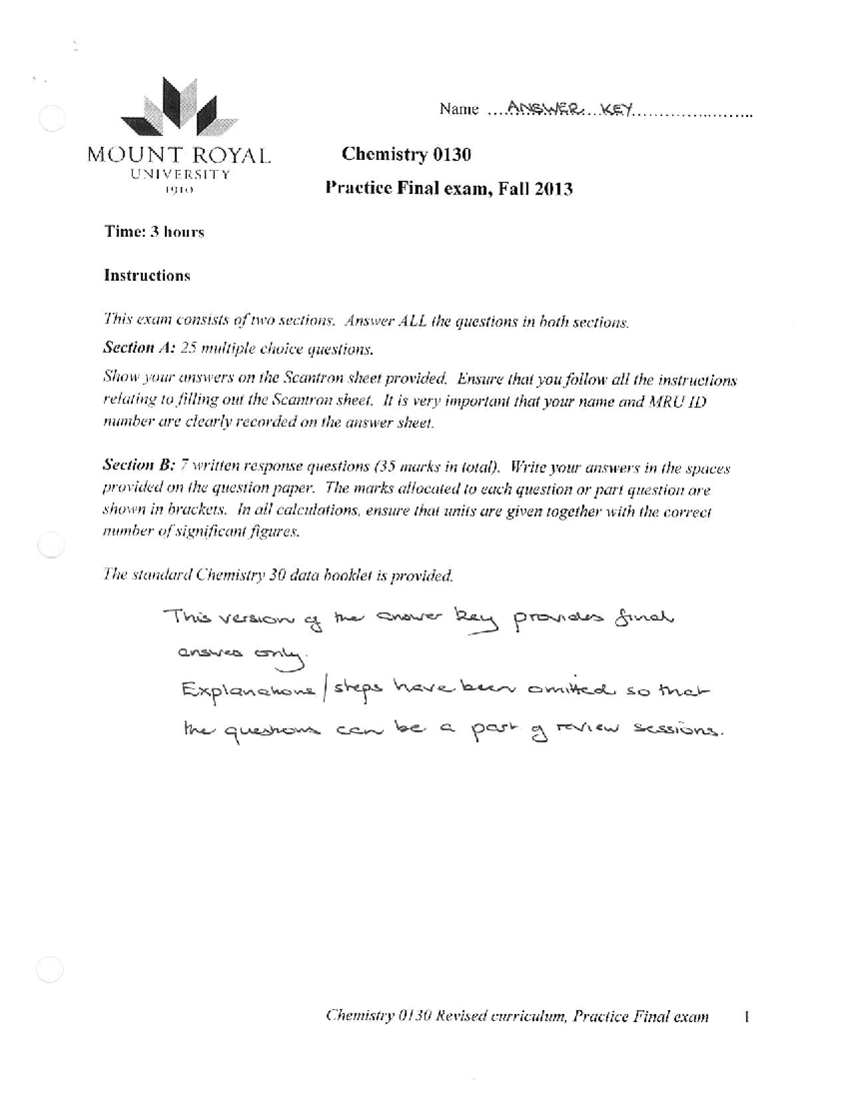 Chemistry 0130 revised curriculum practice exam key(1) - Chem 0130 ...