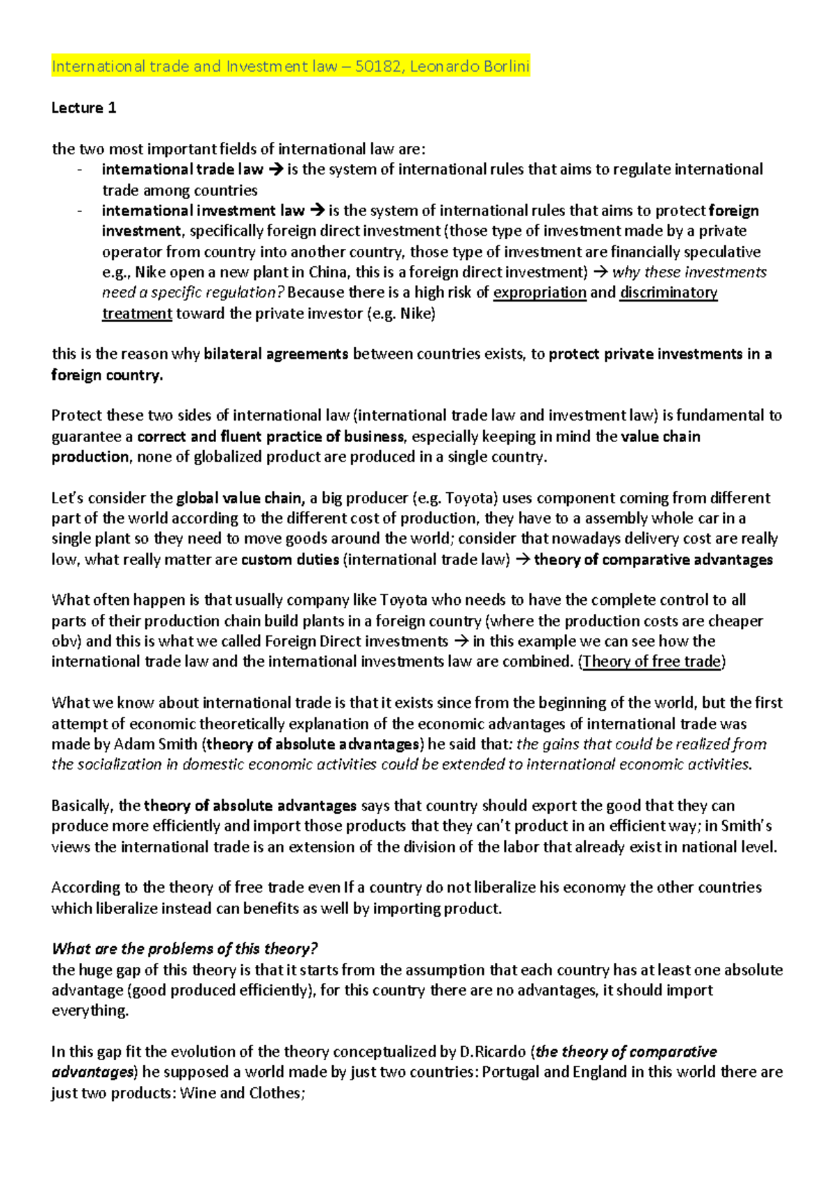 International Trade and Investment Law Lecture Notes (50182) - Studocu
