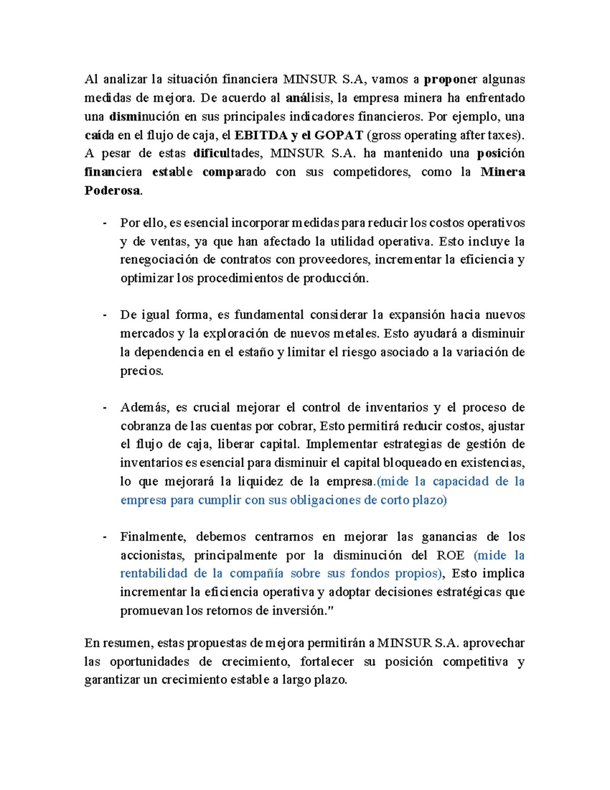 Análisis Financiero y Propuestas de Mejora para MINSUR S.A. - Studocu