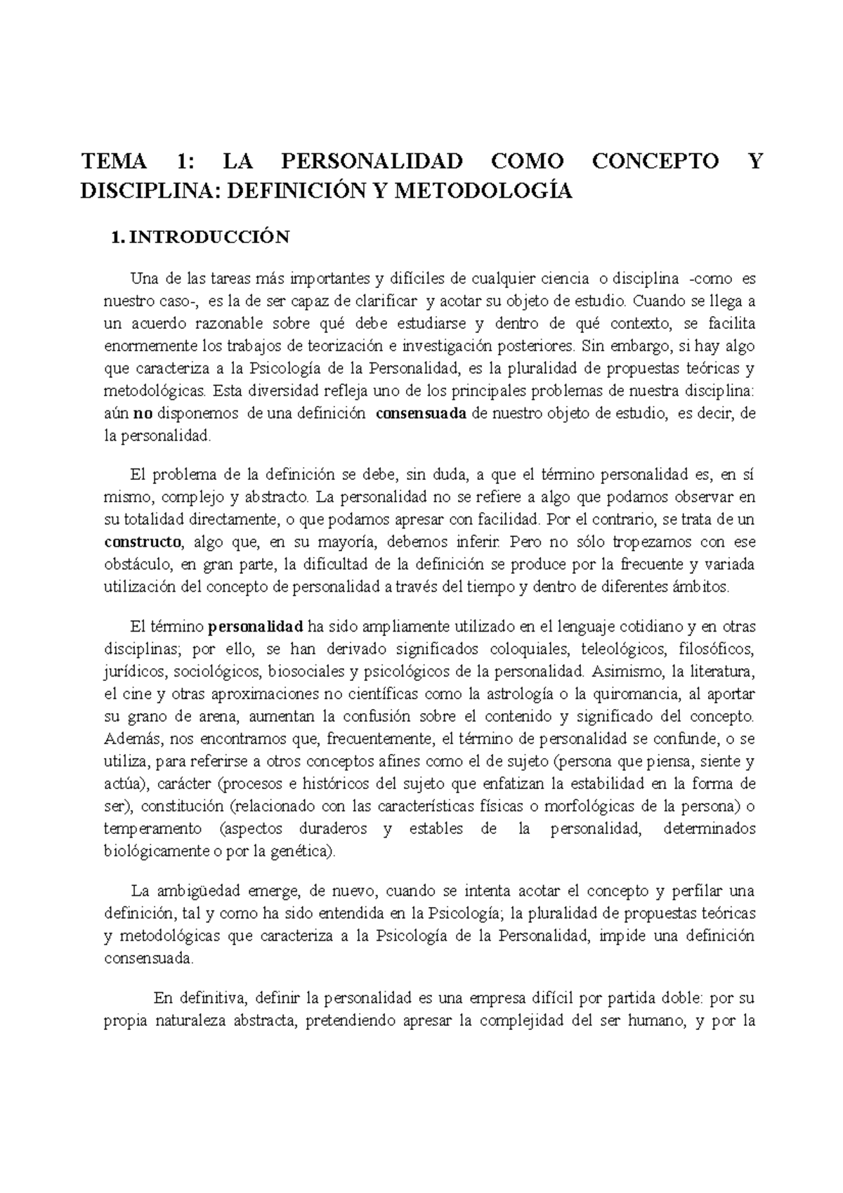 TEMA 1 Psicología DE LA Personalidad - TEMA 1: LA PERSONALIDAD COMO ...