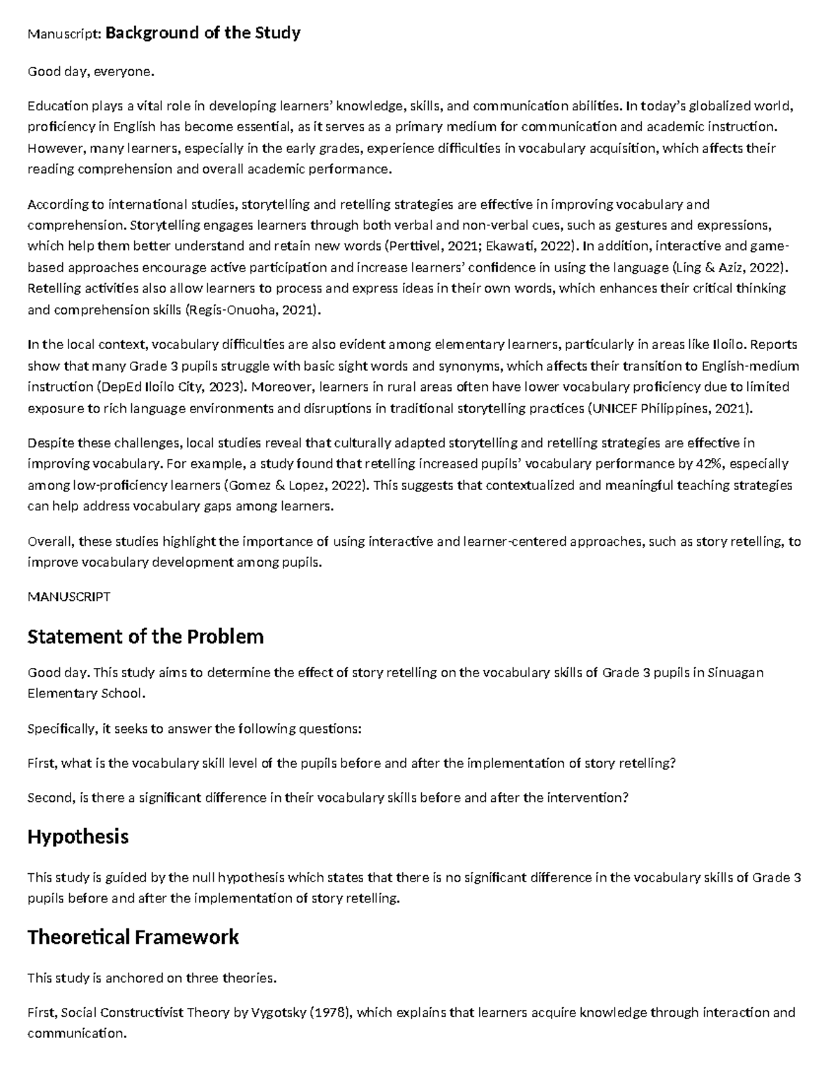 Manuscript: Impact of Story Retelling on Vocabulary Skills in Grade 3 ...