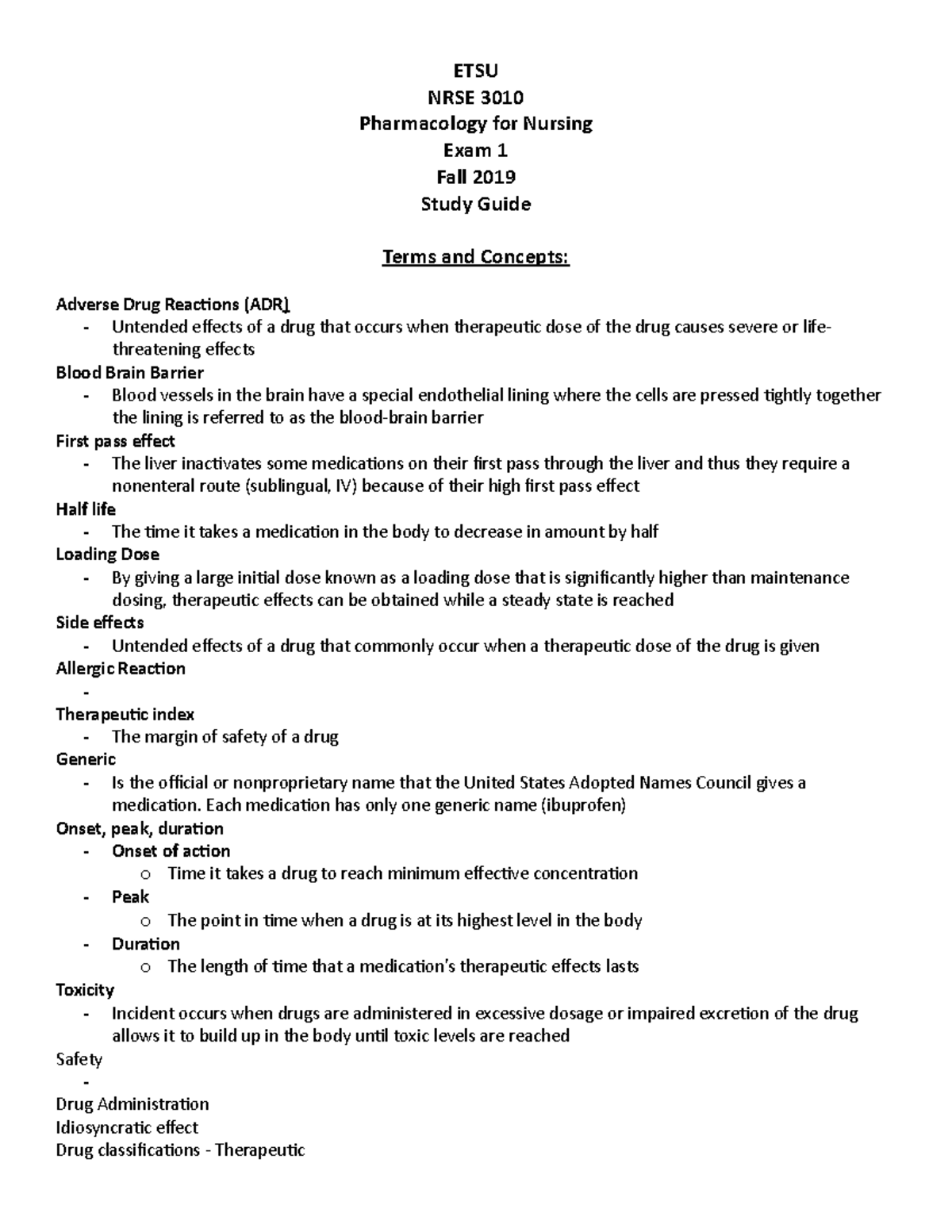 NRSE 3010 Exam 1 Study Guide: Key Pharmacology Terms & Concepts - Studocu