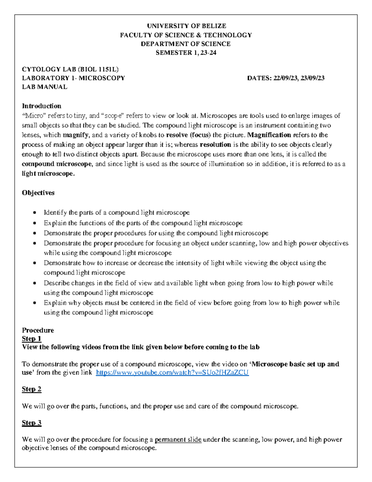 Lab 1: Microscopy Techniques Manual (BIOL 1151L) for Semester 23 - Studocu