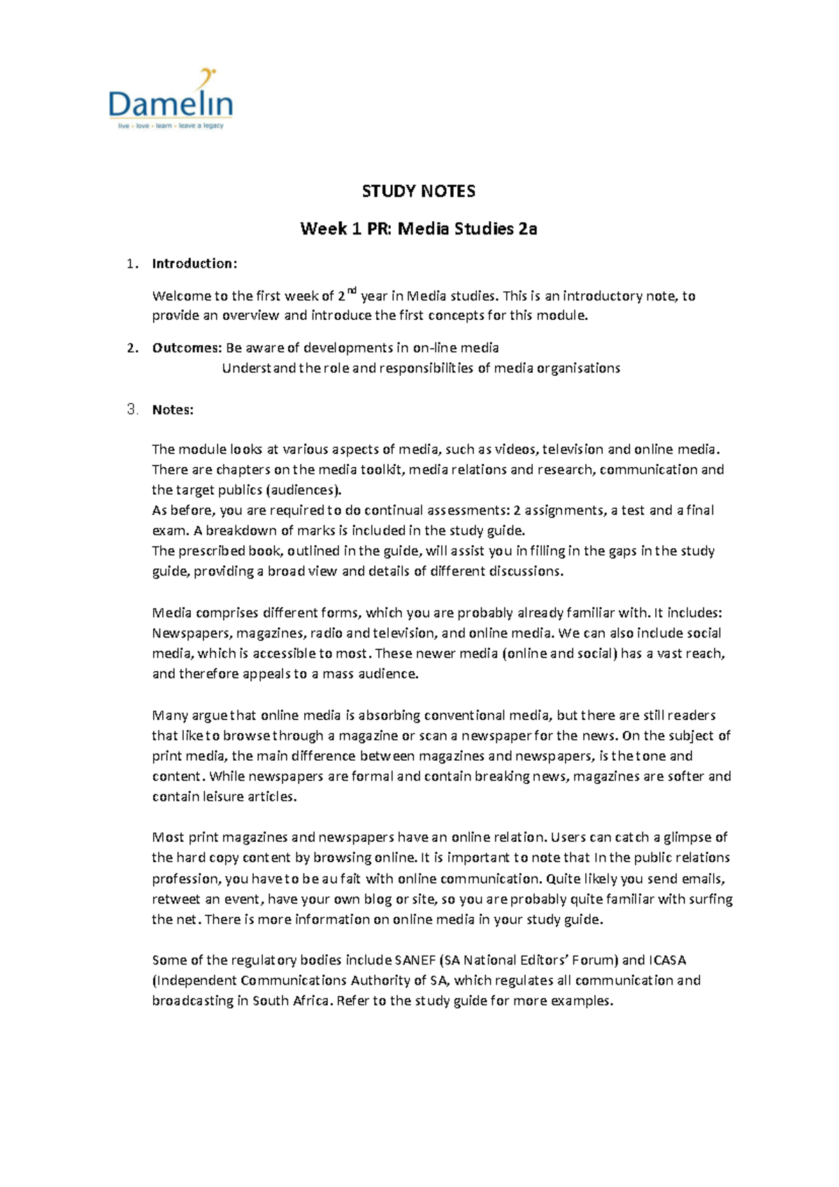 Study Notes Media St 2 week 1 (Dip PR) - STUDY NOTES Week 1 PR: Media ...