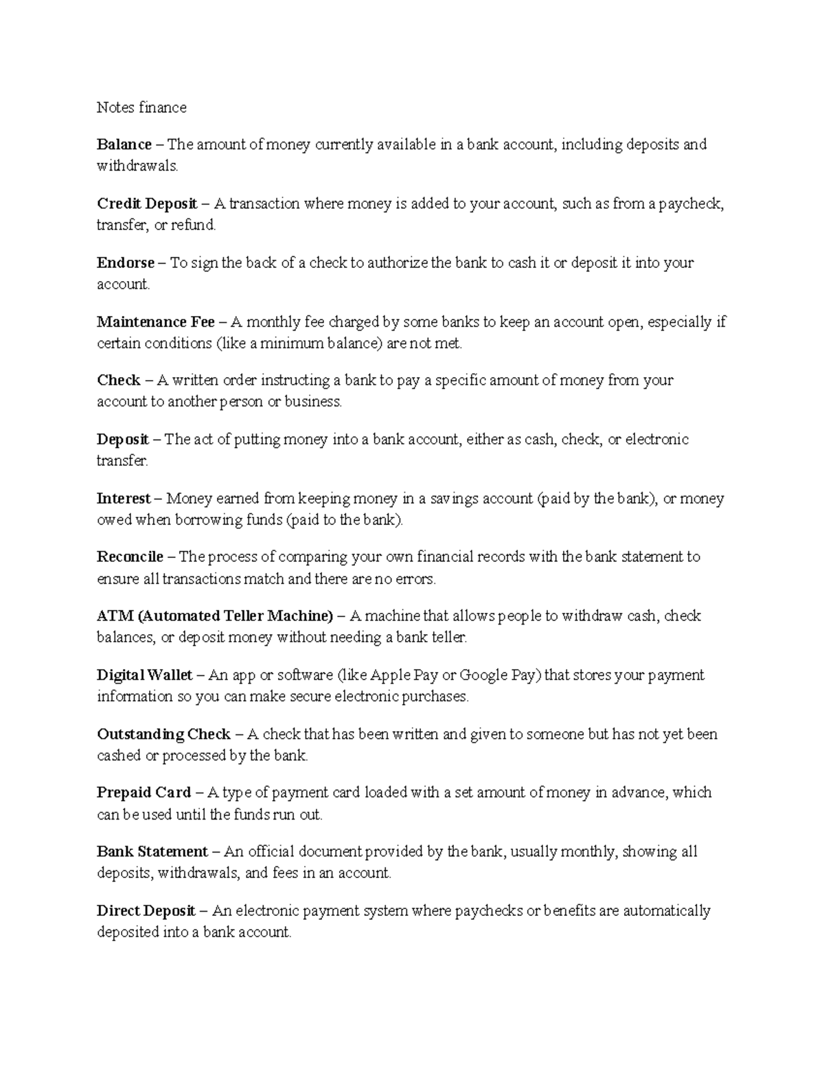 Finance Notes: Key Terms and Definitions for Banking Concepts - Studocu