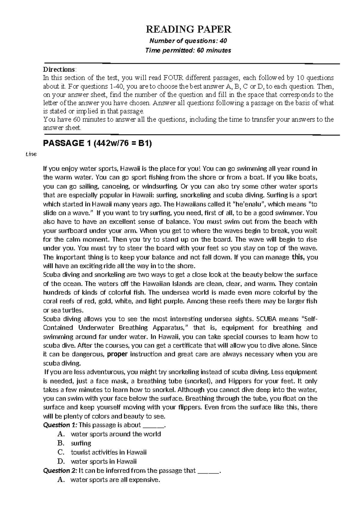 Reading Paper Test (40 Questions, 60 Minutes) - Studocu