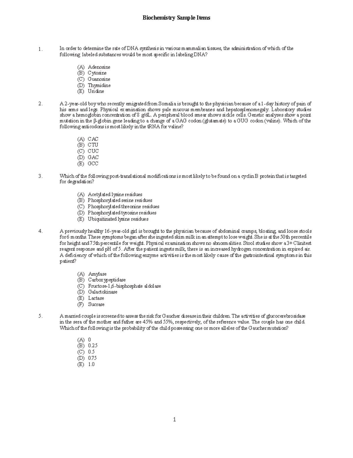 Biochemistry Sample Items for Exam Preparation - Studocu
