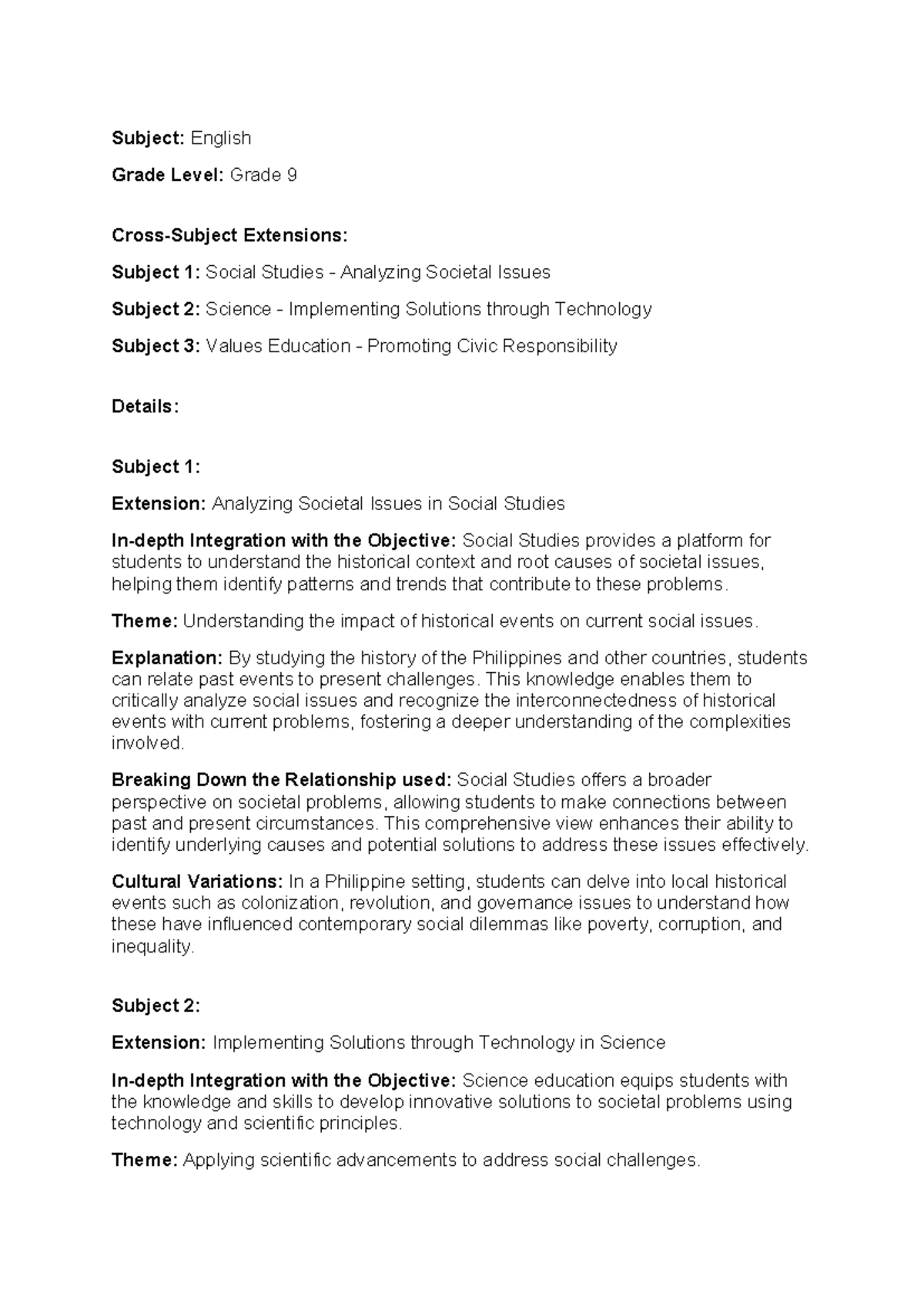 Cross subject extention - Subject: English Grade Level: Grade 9 Cross ...